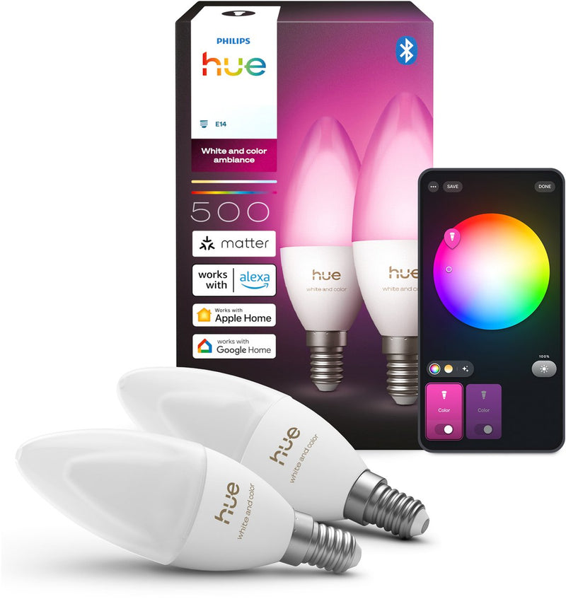 Philips Hue LED-Kerzenlampe – E14-Fassung – enthält 2 Lampen – einstellbares weißes und farbiges Licht – intelligente Beleuchtung