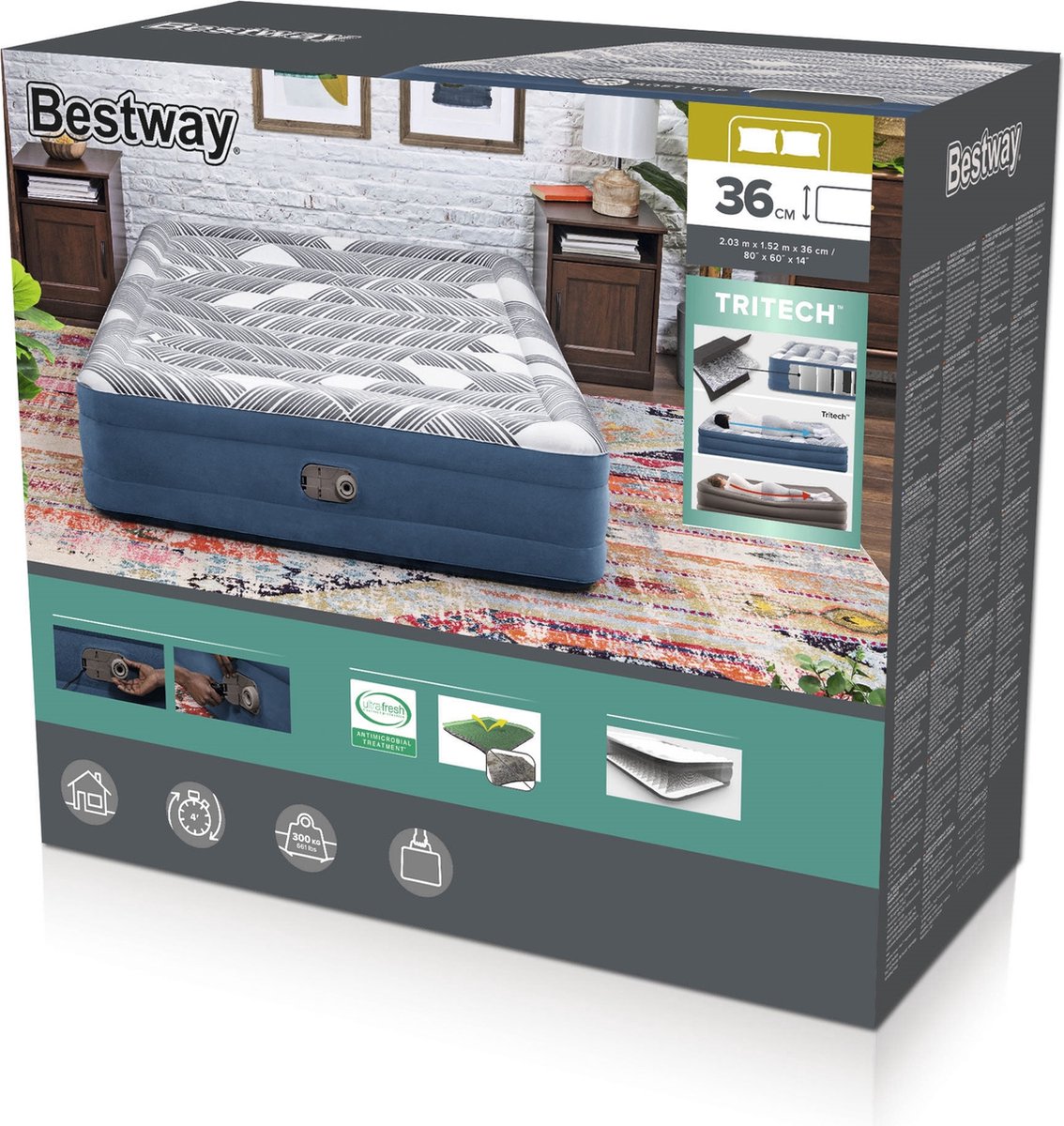 Bestway Tritech Fashion Flock Queen Luftmatratze mit integrierter Wechselstrompumpe und antimikrobieller Beschichtung, 2,03 m x 1,52 m x 36 cm