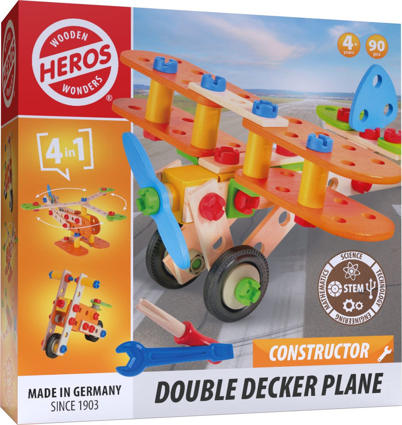 Heros Constructor Doppeldecker-Flugzeug – Konstruktionsspielzeug – 4-in-1 – 90 Teile – Holzbaukasten – FSC-Holz – hergestellt in Deutschland – selbst bauen – ab 4 Jahren
