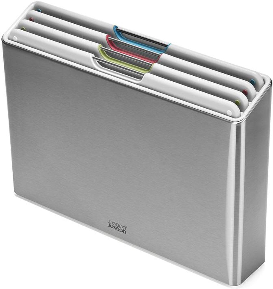 Joseph Joseph Folio™ Steel-Set mit 4 farbcodierten Schneidebrettern in Edelstahlhalterung (heller Stein)