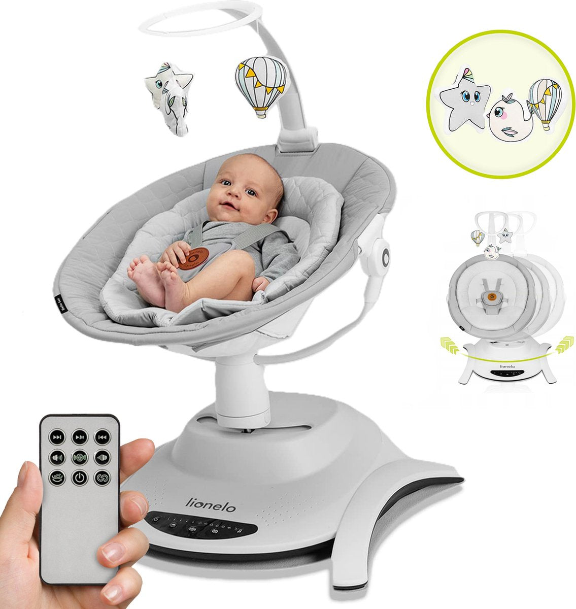 Lionelo Bella Schaukelstuhl 6in1 – elektrisch um 360° drehbarer Sitz – 6 Schaukelpositionen – 5 Geschwindigkeiten – Rückenlehne verstellbar – Melodien – Bewegungssensor – Bambuskissen – Spielbogen – Fernbedienung – EN12790