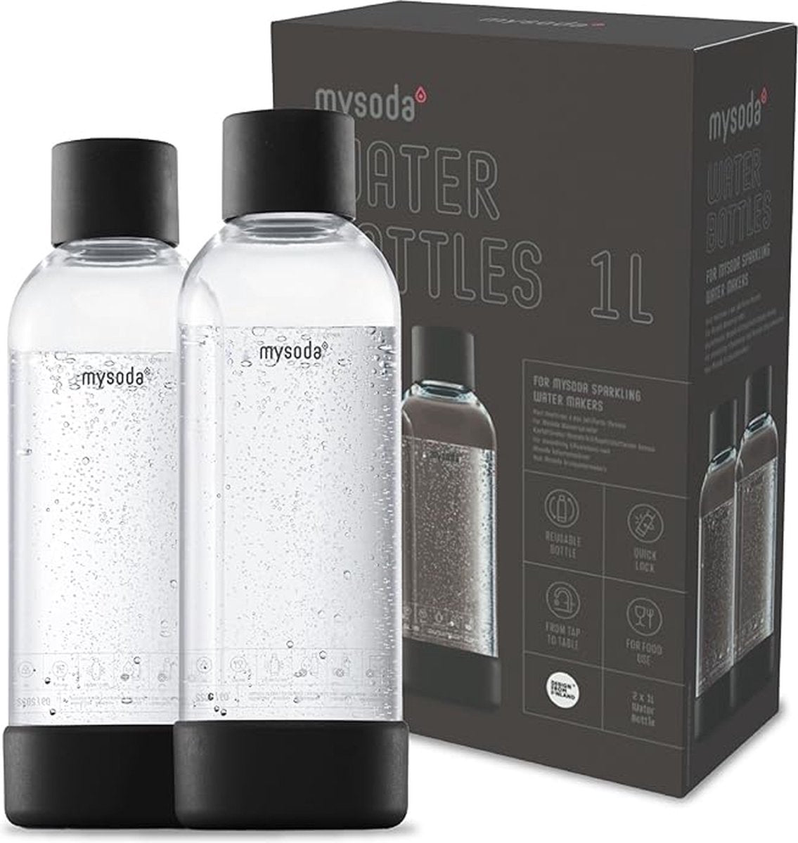 Mysoda - Set mit 2 wiederverwendbaren Flaschen à 1 Liter - Schwarz - passend für Geräte