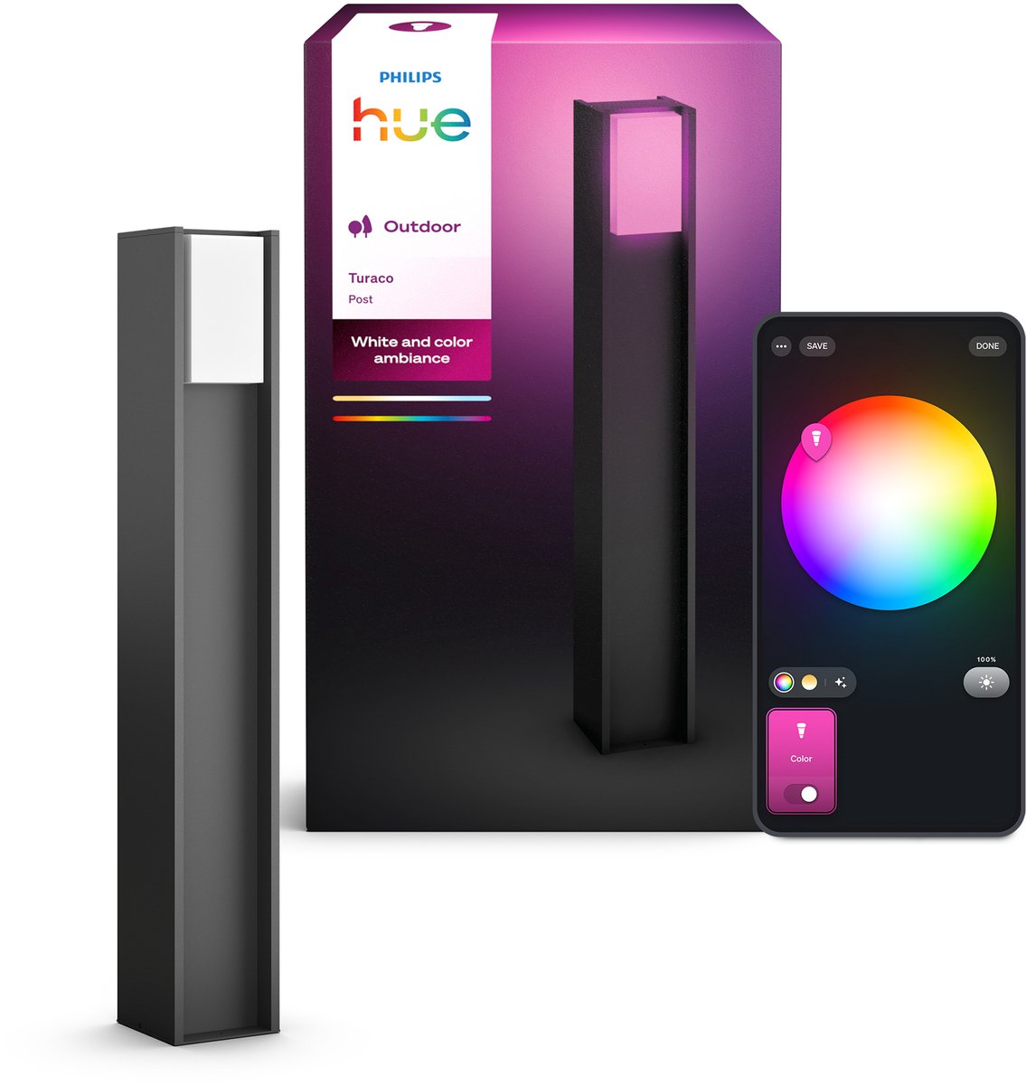 Philips Hue Turaco hohe Sockelleuchte – Gartenbeleuchtung – Anthrazitgrau – IP44 – weißes und farbiges Licht – 1100 Lumen – Steuerung über unsere App oder mit Ihrer Stimme – kompatibel mit Materie