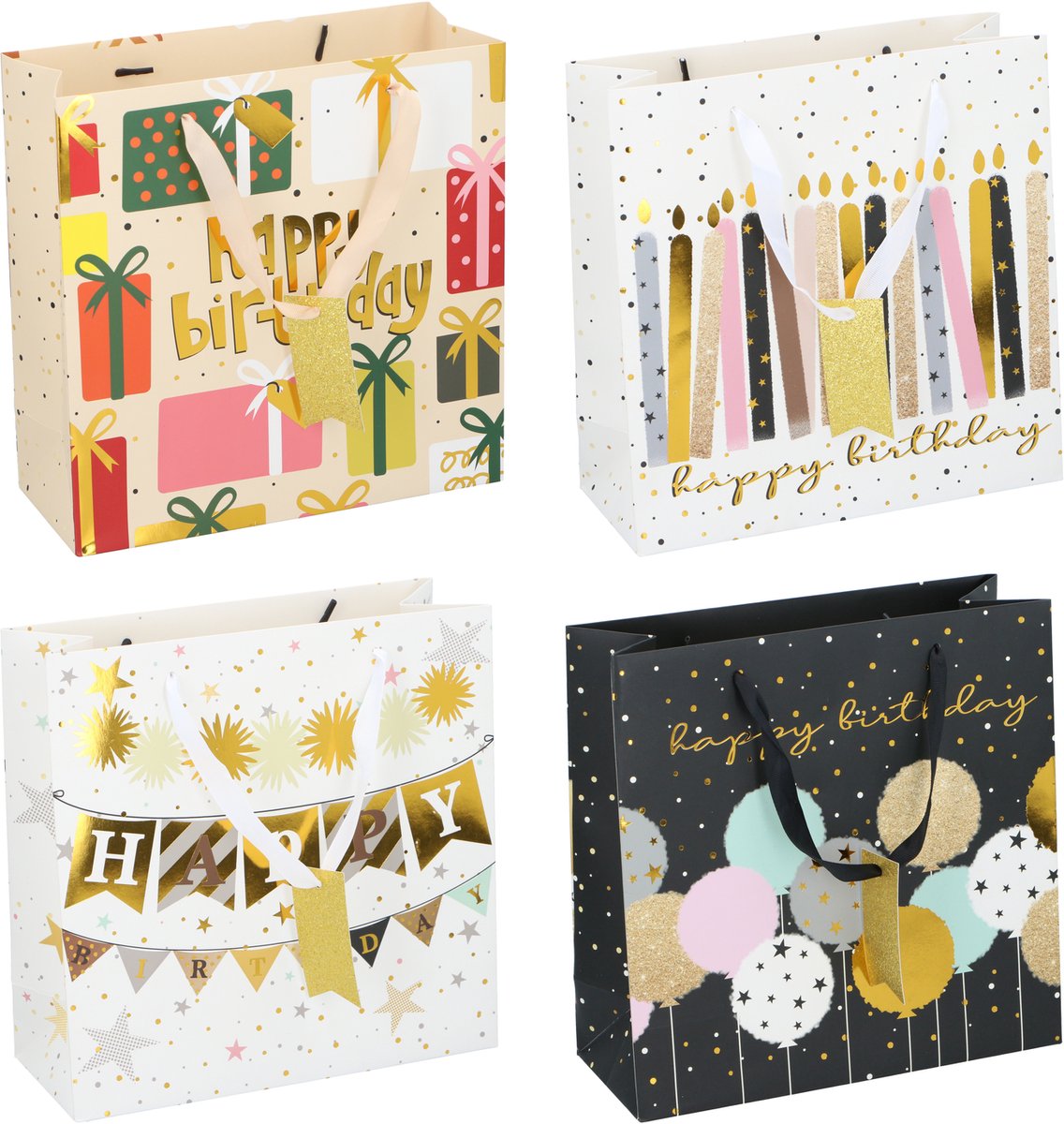 Markenlose Sans-Marque-Geburtstags-Geschenktüte „Happy Birthday“ – Geschenktüte zum Geburtstag ca. 32x26x12 cm – Geschenktüte mit Henkel – Geschenkverpackung für Geburtstagsgeschenk – verschiedene Motive – 1 zufällige Variante