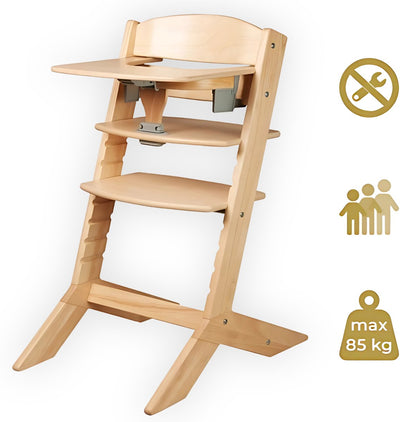 Geuther Hochstuhl aus Holz – Syt – mitwachsender Stuhl für Kinder von 6–36 Monaten – inklusive Essenstablett – 5-Punkt-Sicherheitsgurt – 61 x 49 x 83 cm – Öko-Holz