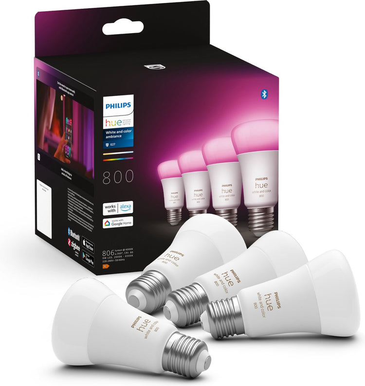 Philips Hue-Lampen – weißes und farbiges Licht – LED – E27 – 6,5 W – 806 Lumen – 4 Stück