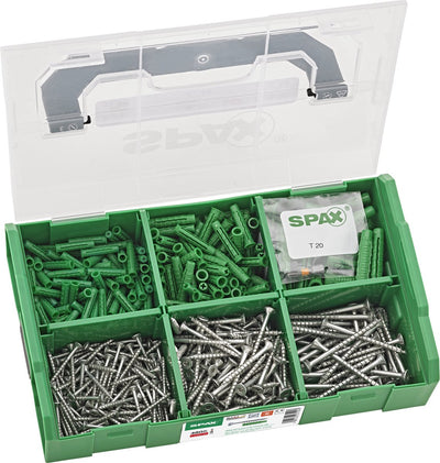 Spax Sortiment L-Boxx klein, Schraubenset mit 3 Größen + Dübel, 480-teilig, Senkkopf, T-Star Plus T20, Wirox - 5000009160209