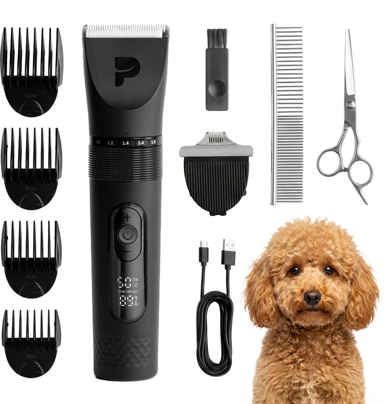 Peluvio Nikos Hundeschermaschine – professioneller Akku-Trimmer für Hunde – 5 Geschwindigkeiten (5000–7000 U/min) – Klinge aus Keramikstahl – 180-Minuten-Akku – IPX7 wasserdicht – LED-Anzeige – 4 Aufsteckkämme + Detailkopf – Aluminiumgehäuse – USB-C