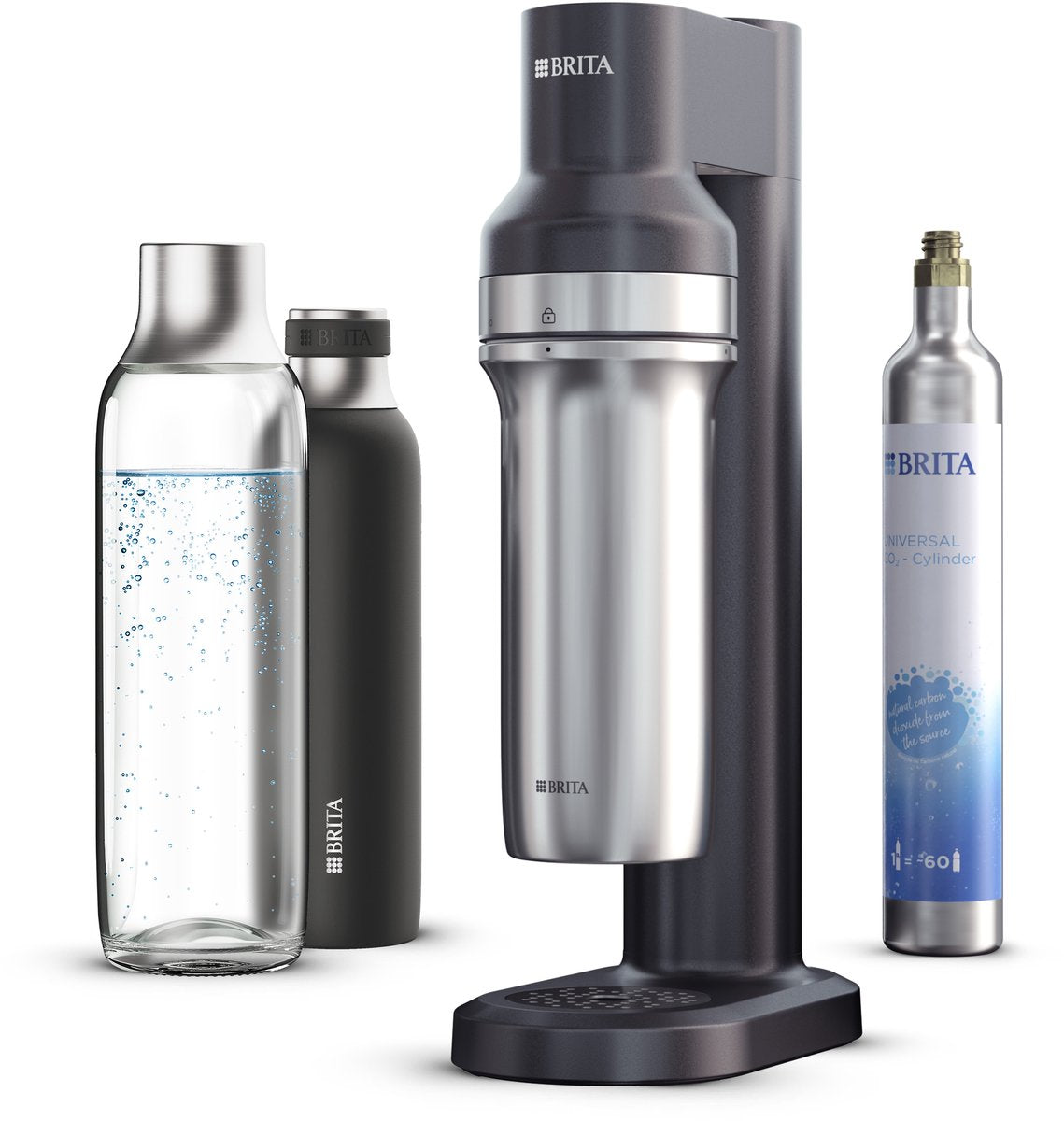Brita - Soda Trio - Sprudelwasserbereiter - Soda - Schwarz - inkl. 1 Flaschenbasis, 1 CO2-Zylinder, 1 Glasflasche, 1 kleine Edelstahlflasche – mit Cashback (nur in Belgien – bis zu 20 € erstattet)