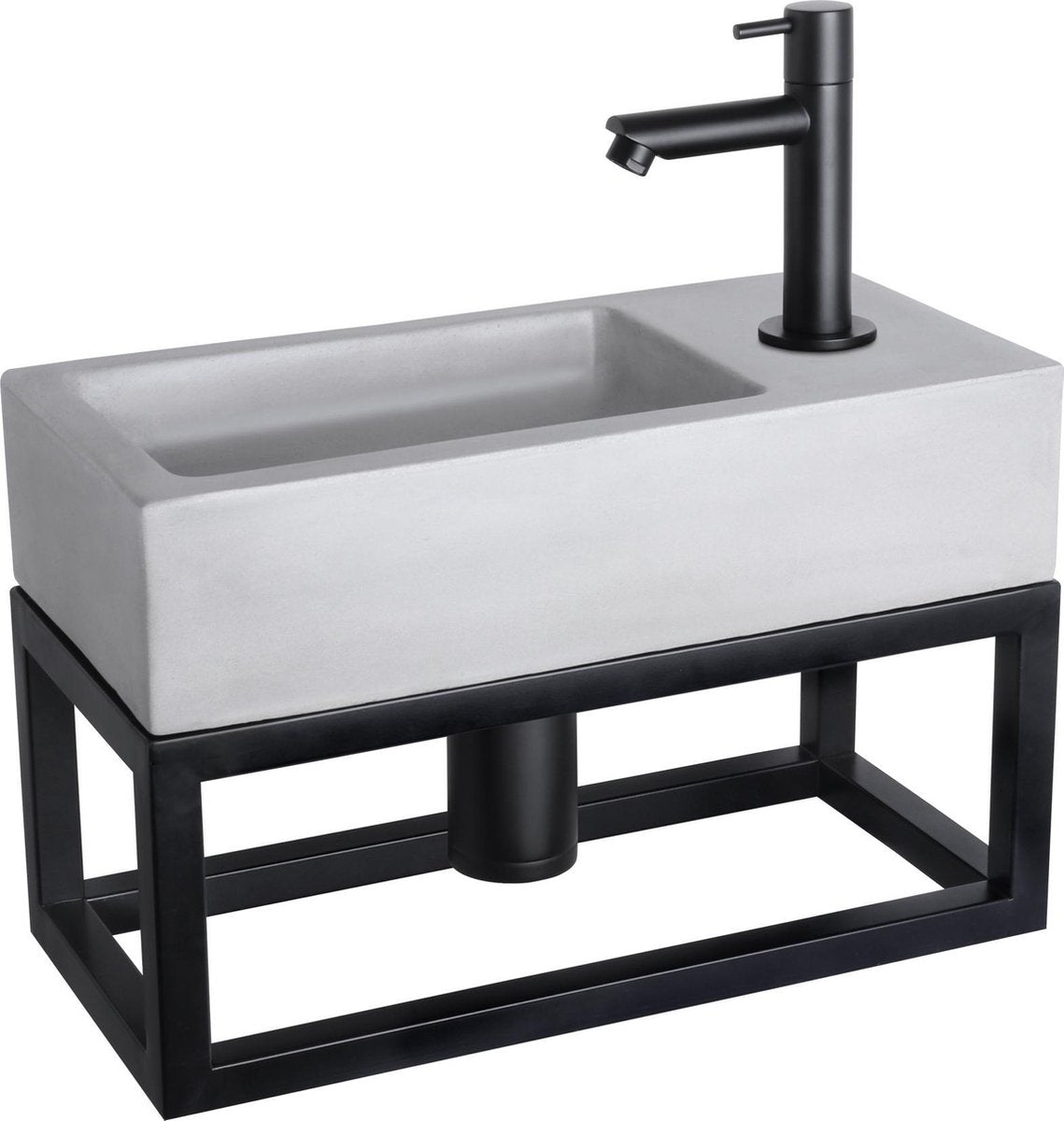 Differnz Ravo-Brunnen-Set – 38,5 x 18,5 x 25 cm – rechteckig – 1 Hahnloch – gerader mattschwarzer Wasserhahn – mit schwarzem Rahmen – Beton hellgrau
