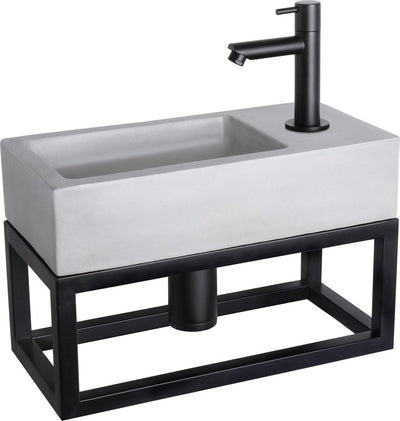 Differnz Ravo-Brunnen-Set – 38,5 x 18,5 x 25 cm – rechteckig – 1 Hahnloch – gerader mattschwarzer Wasserhahn – mit schwarzem Rahmen – Beton hellgrau
