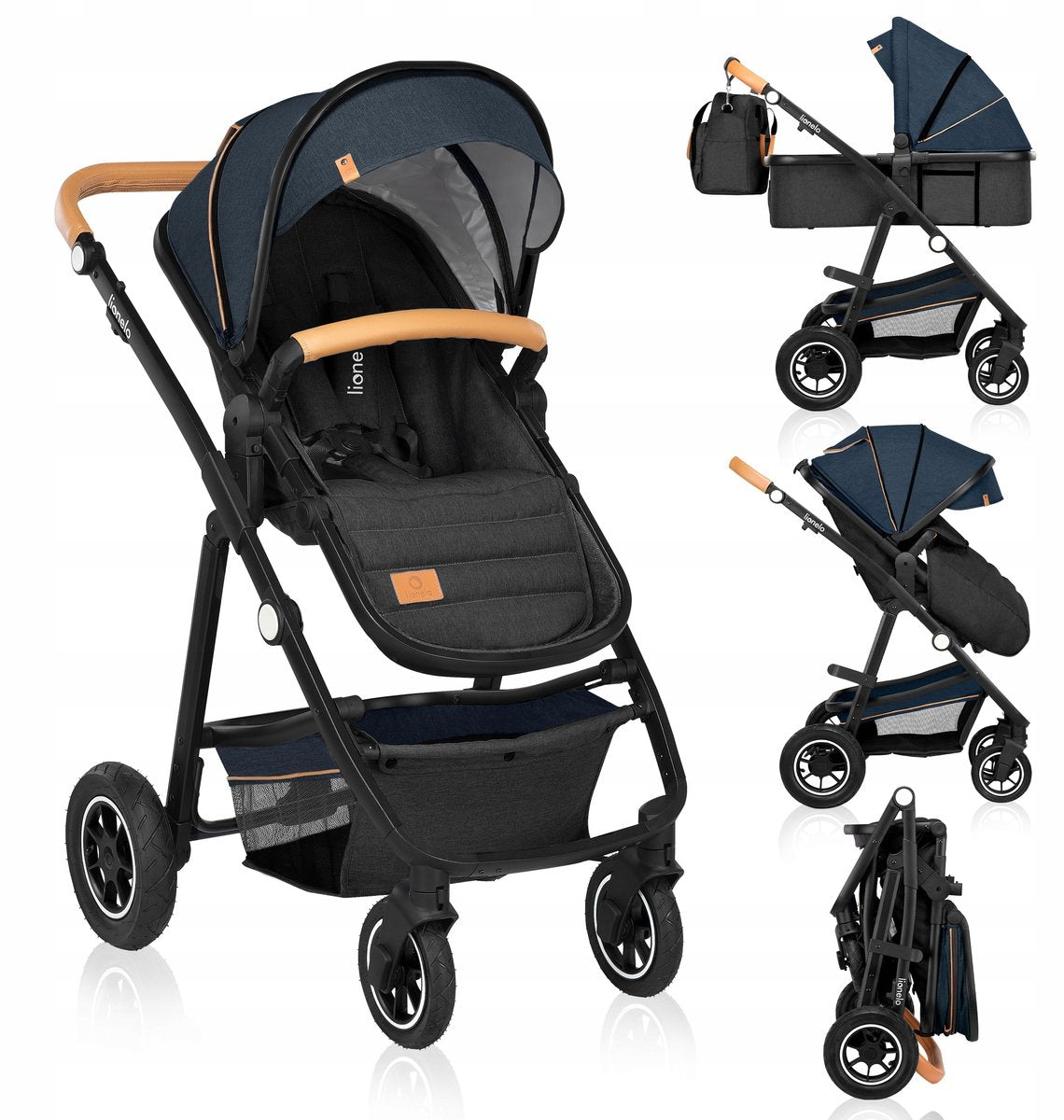 Lionelo Amber 2in1 – Kinderwagen 2 in 1 – Reisebett + Buggy – von der Geburt bis 22 kg (0-4 Jahre) – Luftreifen – Vollfederung – bequeme Matratze – schnell faltbar – Wickeltasche – Moskitonetz – Regenschutz – Wickelunterlage – Kinderwagen – Baby-Kleinkind