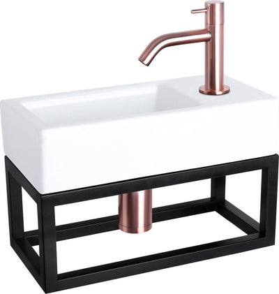 Differnz Ravo-Brunnenset – 38,5 x 18,5 x 25 cm – rechteckig – 1 Hahnloch – gebogener Kupferhahn – mit schwarzem Rahmen – Keramik weiß