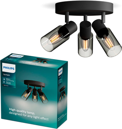 Philips LED Philips Palms Spot – Deckenspot mit drei Lichtpunkten – mit Rauchglas – kleine Fassung E14 – runde Grundplatte