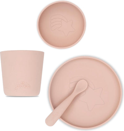 Jollein - Kindergeschirrset 4-teilig (hellrosa) - Silikon - Babygeschirr, Babybesteck - 6-18 Monate