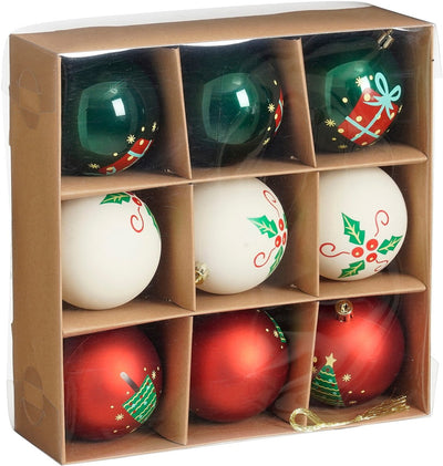 Glimmerdekorationen Weihnachtskugeln-Set – 9 Stück – ø8 cm – bruchsicher – Weiß, Rot, Grün
