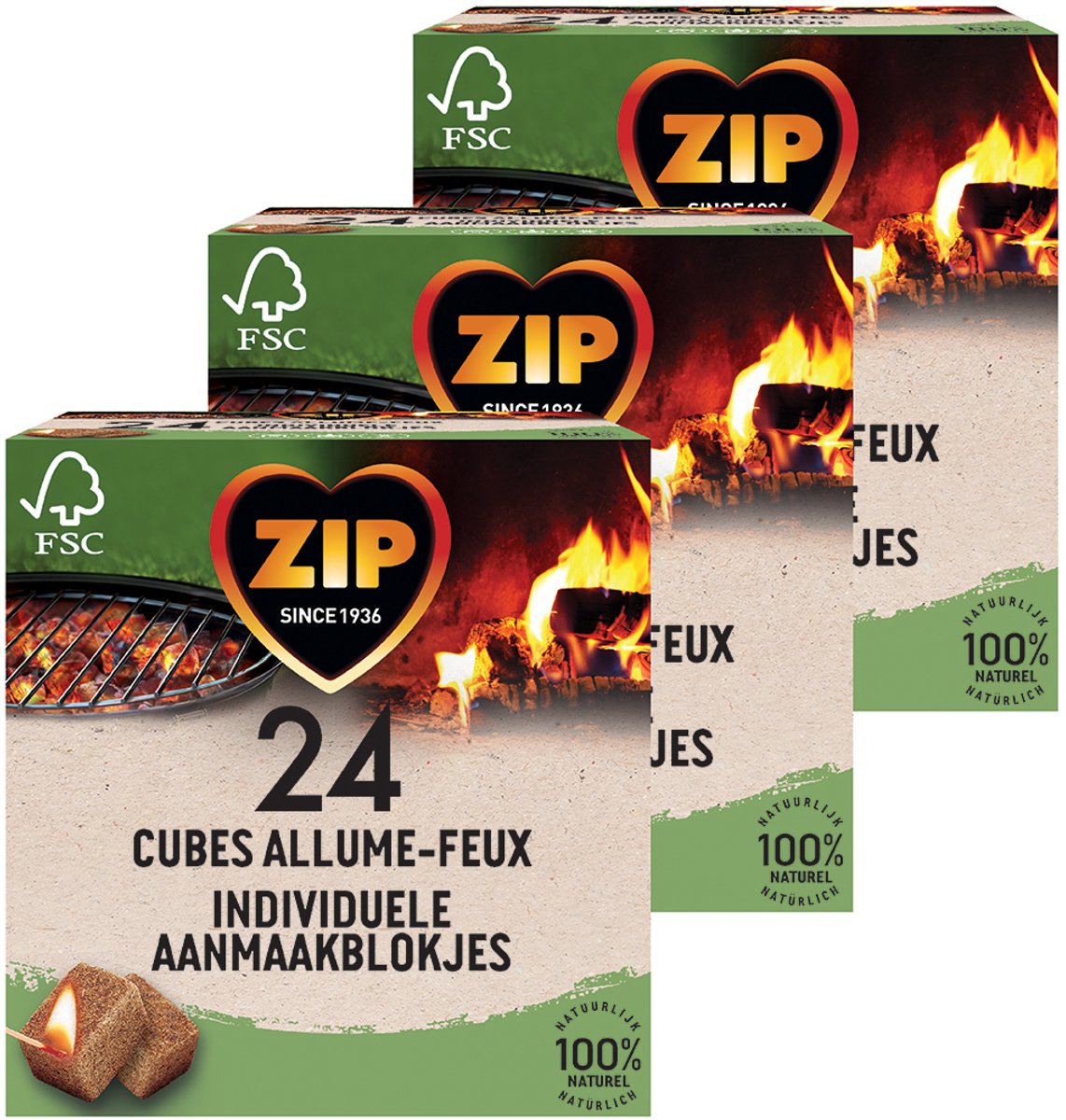 ZIP-Feueranzünder 72 Stück – Kamin-BBQ-Würfel – einzeln verpackt – braune Feueranzünder – natürlich und geruchlos – 3 x 24 Stück