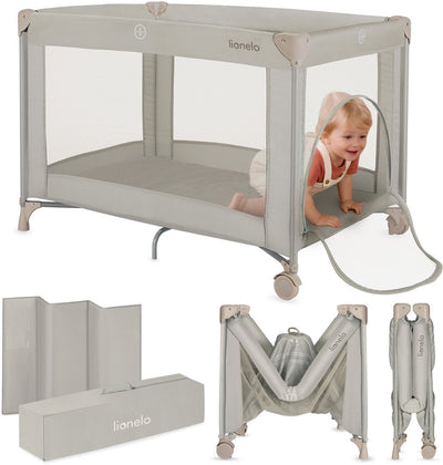 Lionelo Amelie Campingbett 3in1: Babybett + Reisebett + Laufstall – mit bequemer Matratze – kompakt und leicht – Seiteneingang – Reisetasche – 70x100 cm