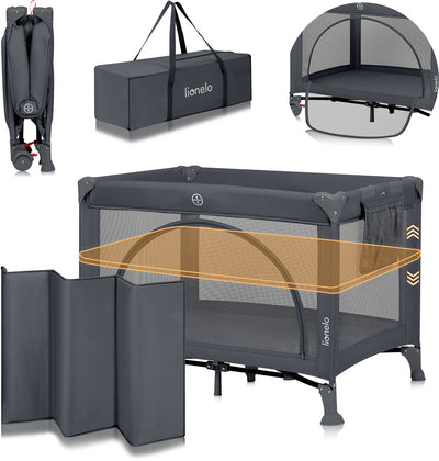 Lionelo Laura – kompaktes 3-in-1-Campingbett, Laufstall-Babybett – leicht – 2 Höhen – Räder mit Bremsen – Mesh-Seitenwände, Kleinkind-Eingang – inklusive Tragetasche, Aufbewahrungstasche – Reisebett