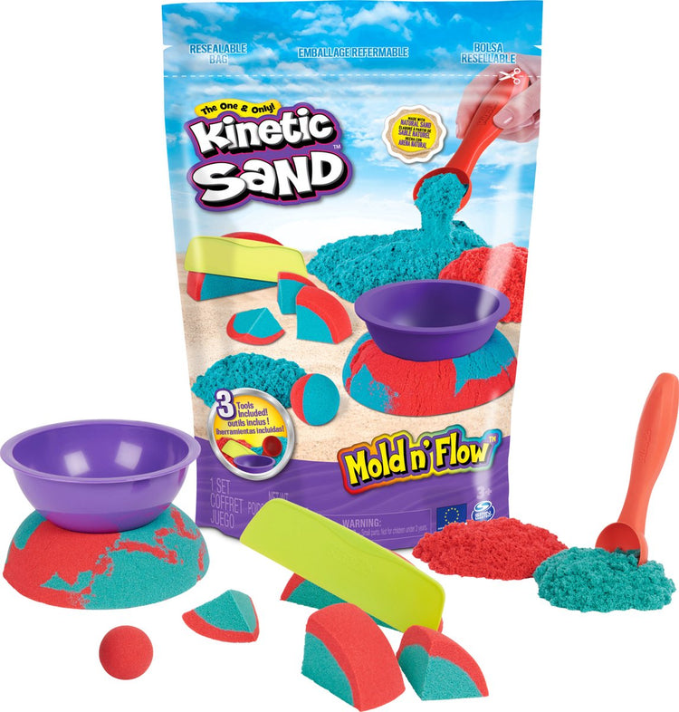 Kinetischer Sand – Mold n‘ Flow-Set mit 680 g rotem und blaugrünem Original und 3 Werkzeugen – sensorisches Spielzeug