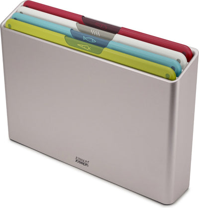 Joseph Joseph Folio™ Schneidebrettset 4-teilig – groß – mehrfarbig – farbcodiert – mit Aufbewahrungsständer – Griffe aus Edelstahl