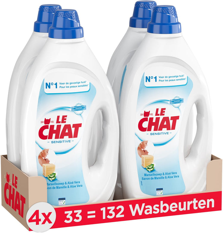 Le Chat Gel Sensitive – Flüssigwaschmittel – für alle Wäsche geeignet – frischer Duft – Marseille-Seife – Vorteilspack – 4 x 33 Wäschen