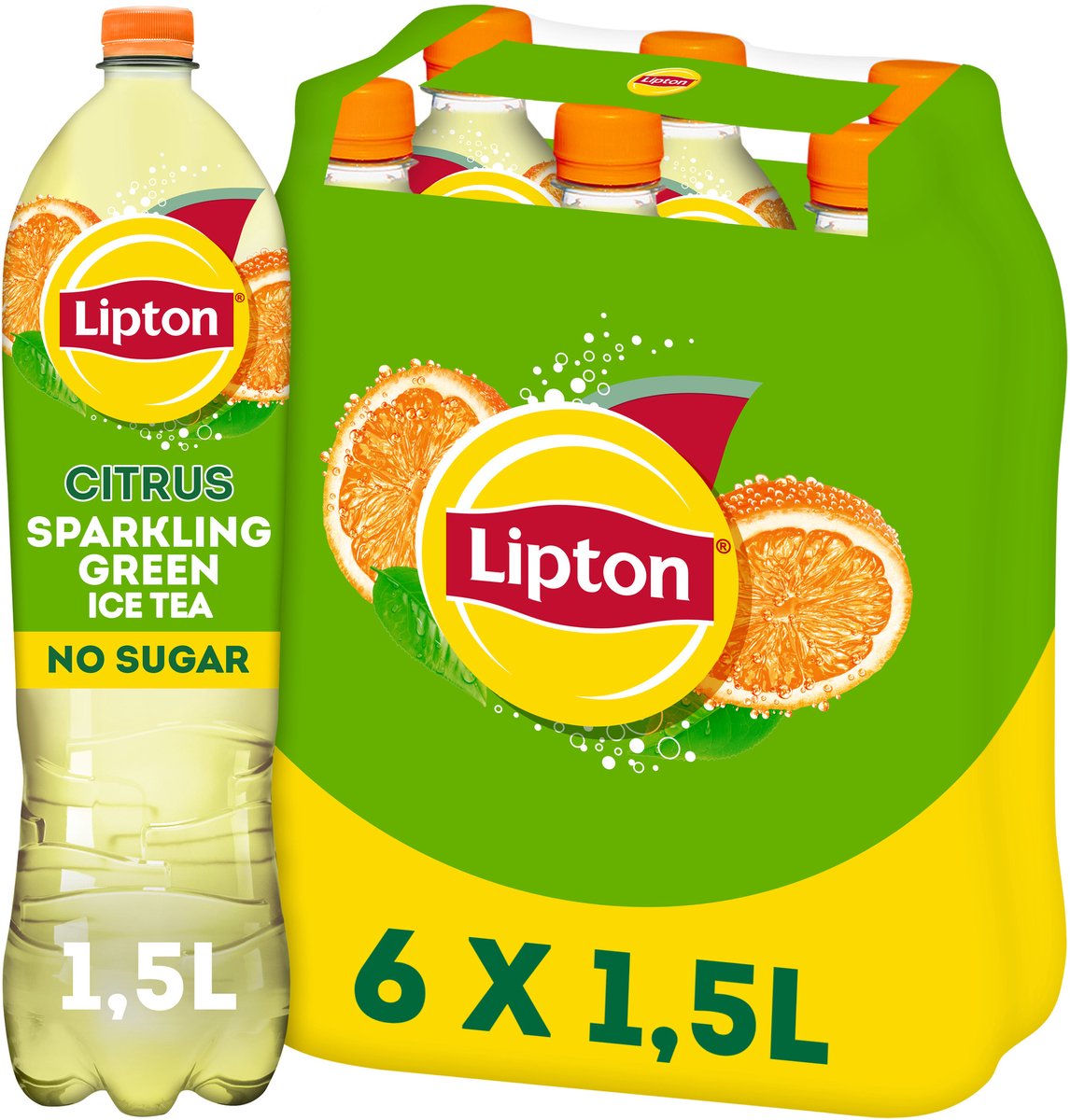 Lipton Eistee funkelnde grüne Flasche – Zitrusfrüchte – ohne Zucker – 6 x 1500 ml – Vorteilspackung
