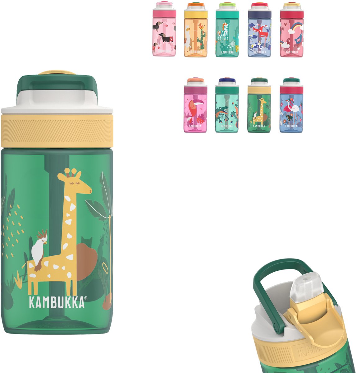 Kambukka Lagunenwasserflasche 400ml – Safari-Dschungel – mit integriertem Strohhalm – 100 % auslaufsicher – Trinkflasche für Kinder