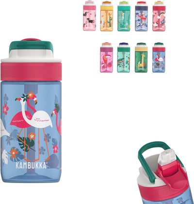 Kambukka Lagunenwasserflasche 400 ml – blauer Flamingo mit integriertem Strohhalm – Trinkflasche für Kinder