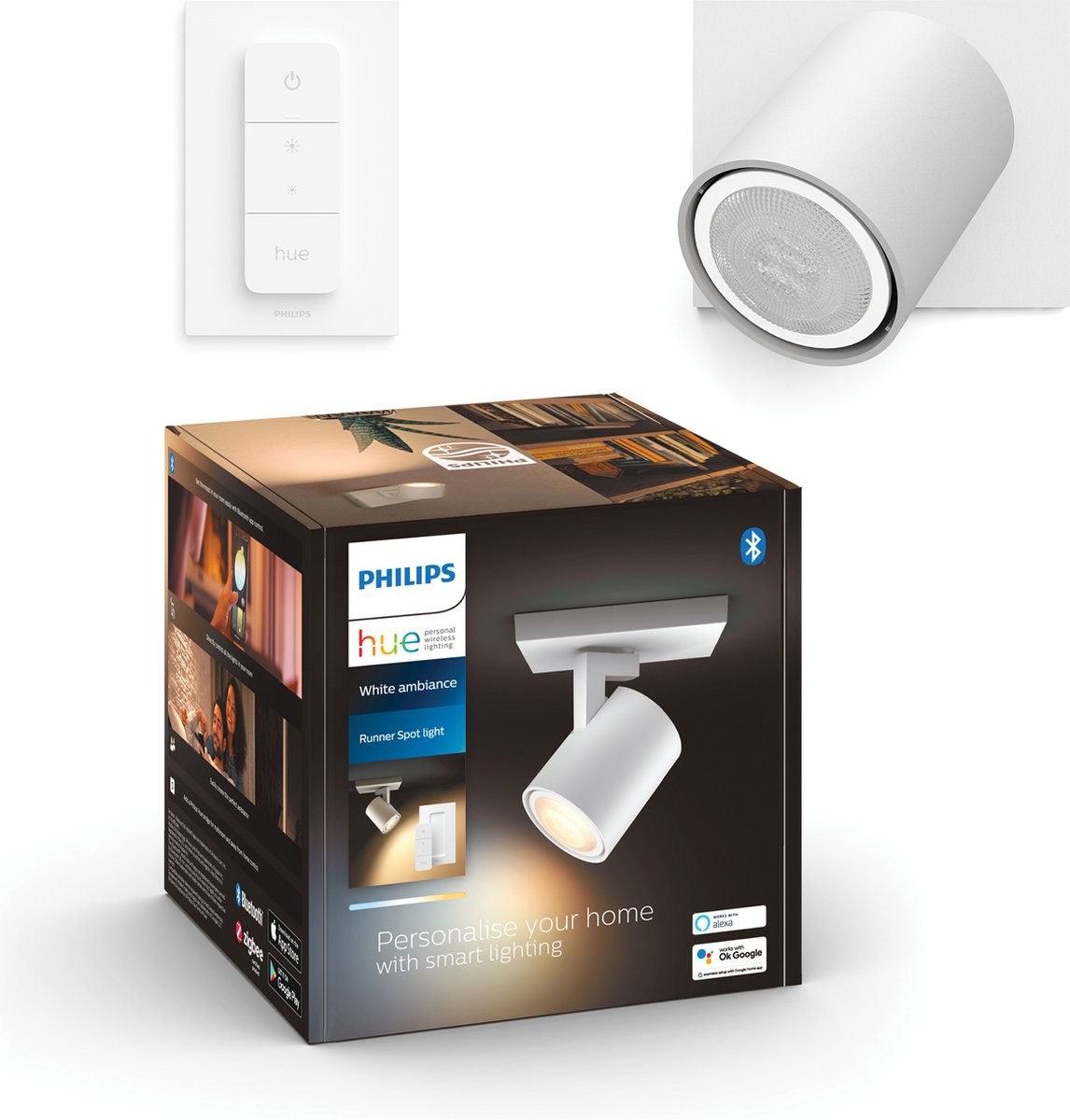 Philips Hue Runner Aufbaustrahler – warmes bis kaltweißes Licht – 1 Spot – weiß – 1 Dimmschalter