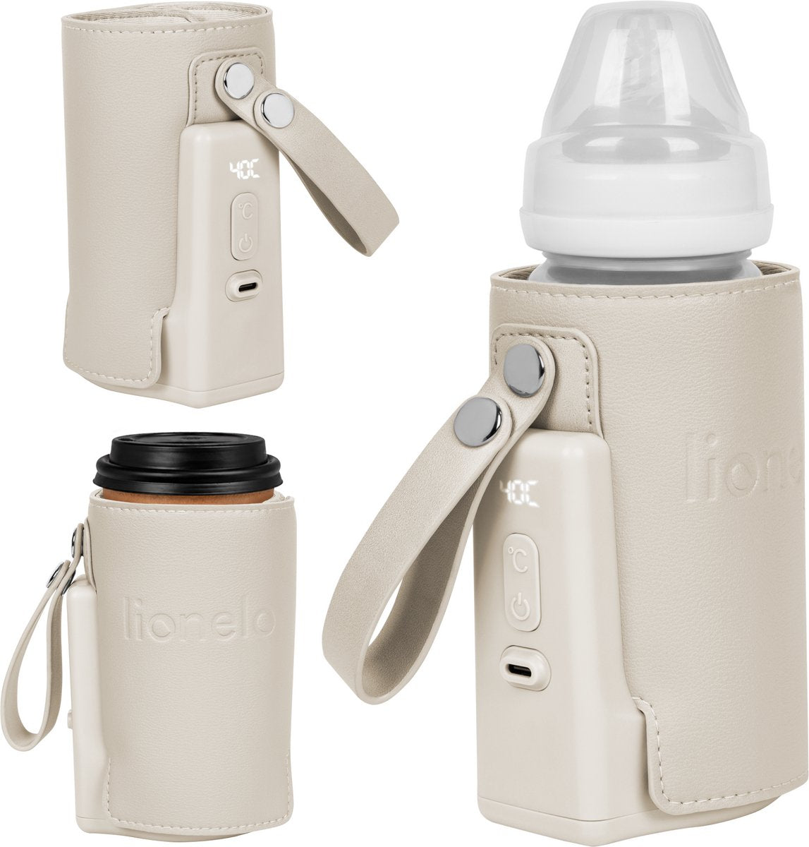 Lionelo thermup go plus – kabelloser Flaschenwärmer für unterwegs – integrierter 3000-mAh-Akku – bis zu 8 Stunden Nutzungsdauer – USB-C wiederaufladbar – 5 Temperatureinstellungen – geeignet für Babyflaschen 52–70 mm – LCD-Display – BPA-frei
