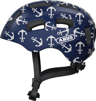 Abus Fahrradhelm youn-i 2.0 – mit Licht für Kinder, Jugendliche und junge Erwachsene – für Mädchen und Jungen – blau mit Ankermuster, Größe S