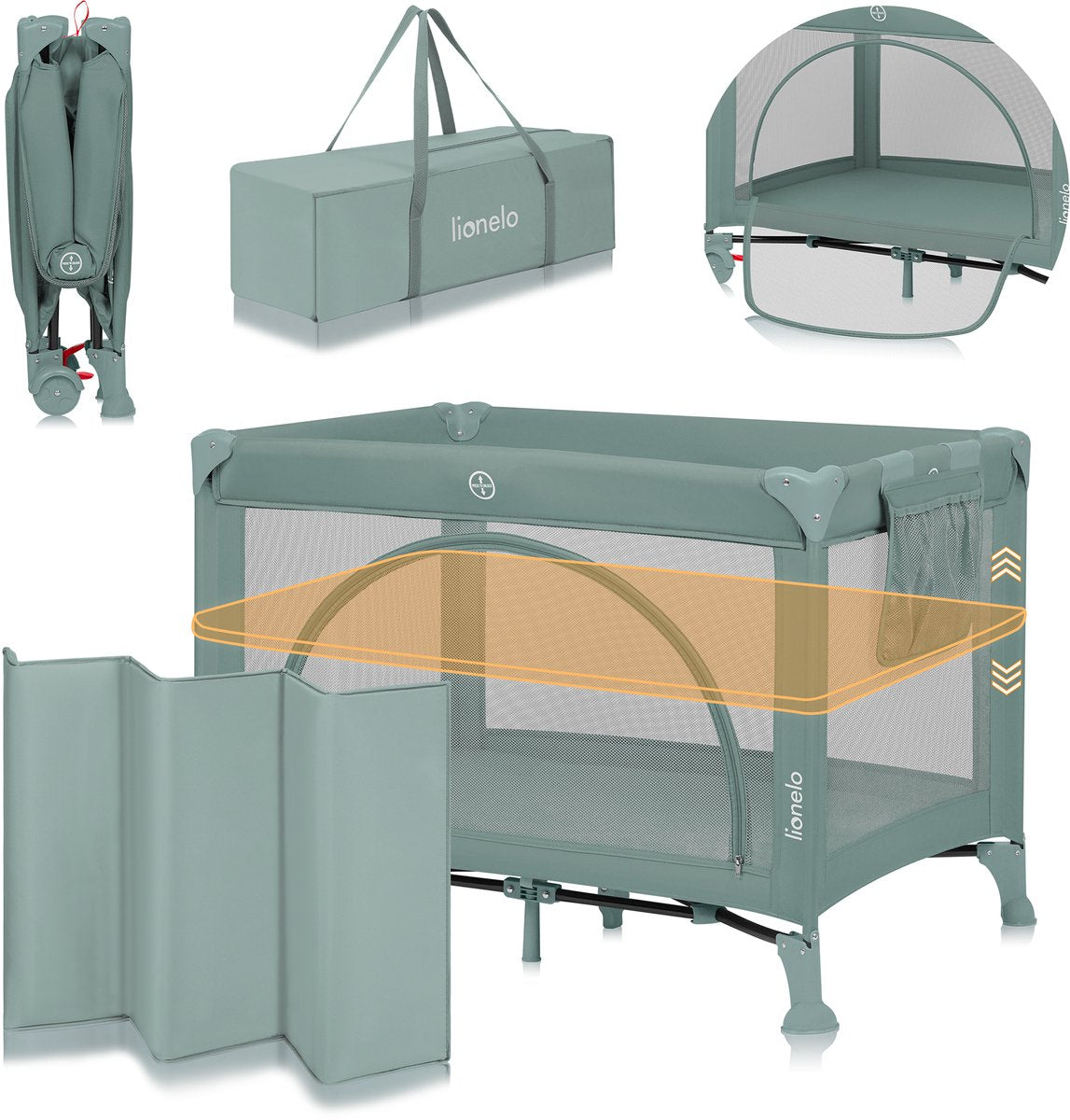 Lionelo Laura – kompaktes 3-in-1-Campingbett, Laufstall-Babybett – leicht – 2 Höhen – Räder mit Bremsen – Mesh-Seitenwände, Kleinkind-Eingang – inklusive Tragetasche, Aufbewahrungstasche – Reisebett