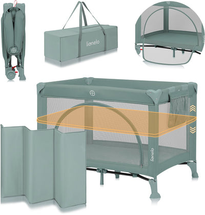 Lionelo Laura – kompaktes 3-in-1-Campingbett, Laufstall-Babybett – leicht – 2 Höhen – Räder mit Bremsen – Mesh-Seitenwände, Kleinkind-Eingang – inklusive Tragetasche, Aufbewahrungstasche – Reisebett