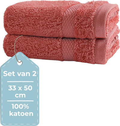 Stille. Living Hush Living Gästehandtuch – 2er-Set – 33×50 cm – 100 % Baumwolle – schwere Qualität 500 g m2 – stilvolle Bordüre und Aufhängeöse – Koralle