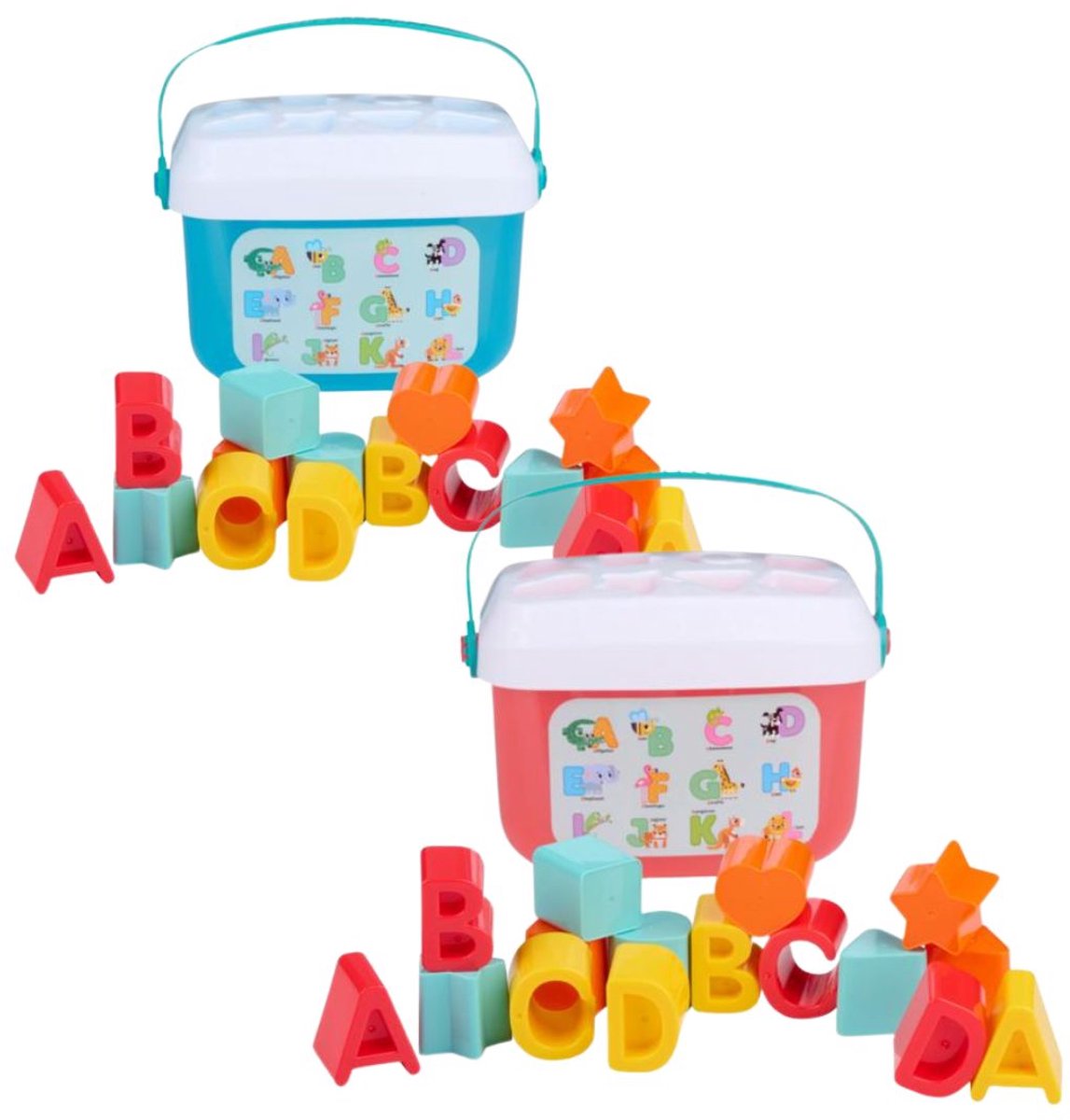 Let's Play Let's Play Alphabet-Formen-Sortierset – 16-teilig – Lernspielzeug mit Buchstaben und Formen – inklusive Aufbewahrungseimer – sortiert
