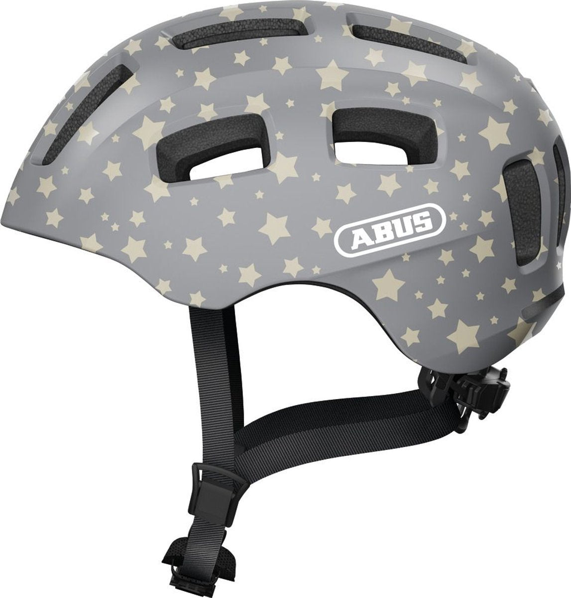 Abus Fahrradhelm youn-i 2.0 – mit Licht für Kinder, Jugendliche und junge Erwachsene – für Mädchen und Jungen – grau mit Sternenmuster, Größe S
