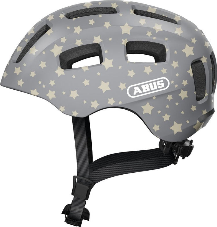 Abus Fahrradhelm youn-i 2.0 – mit Licht für Kinder, Jugendliche und junge Erwachsene – für Mädchen und Jungen – grau mit Sternenmuster, Größe S