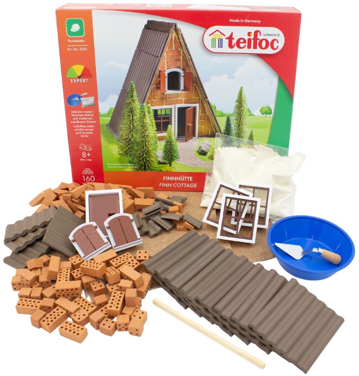 Teifoc® Bausatz – Finnisches Hüttenwaldhaus – 160 Teile – echte Mini-Steine mit Zement, Schüssel und Kelle – Bausatz für Kinder ab 6 Jahren