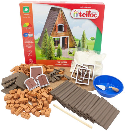 Teifoc® Bausatz – Finnisches Hüttenwaldhaus – 160 Teile – echte Mini-Steine mit Zement, Schüssel und Kelle – Bausatz für Kinder ab 6 Jahren