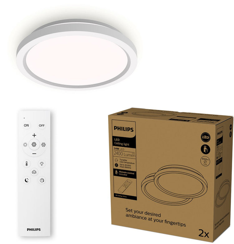 Philips LED Philips All-in-One-Deckenleuchte – 2er-Pack – mit Fernbedienung – 24 W – LED-Beleuchtung – warmes bis kaltweißes Licht; 2700k bis 6500k - 30 cm - weiß - rund