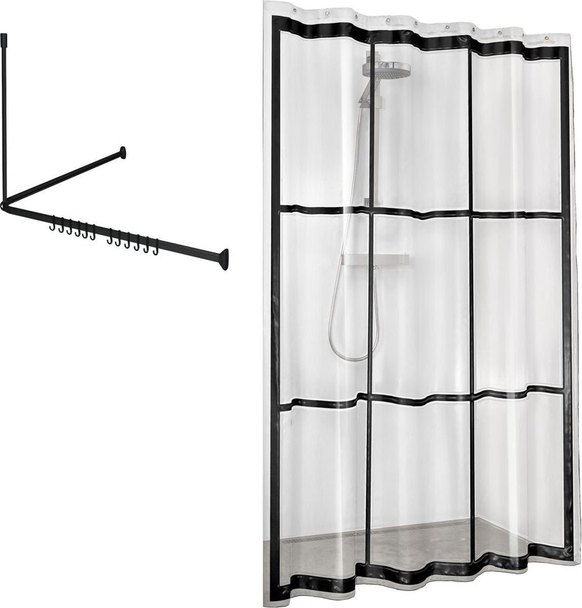 Sealskin Easy Roll – Duschvorhangstangen-Set 90 x 90 x 90 cm mit Duschvorhang 180 x 200 cm – schwarz transparent