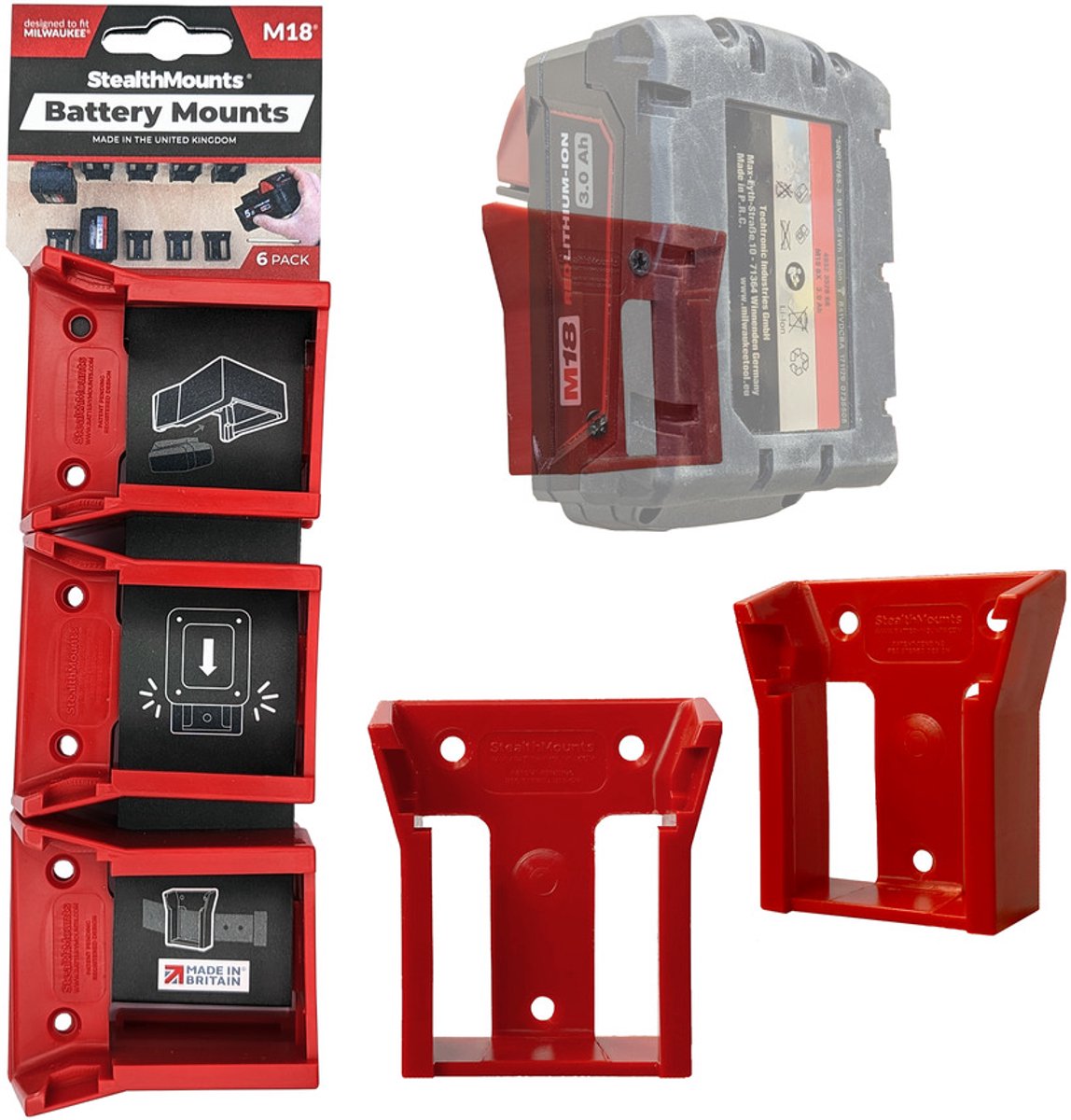 Stealth montiert Batteriehalter für Milwaukee M18 18V | rot | 6 Stück - bm-mw18-red-6