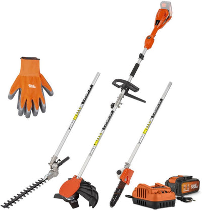 Powerplus powdpgmts1 – Garten-Multitool 4-in-1 bürstenlos 40 V – inkl. Batterie 2x20V 5,0 2,5Ah und Ladegerät - Handschuhe. - 3 gem.