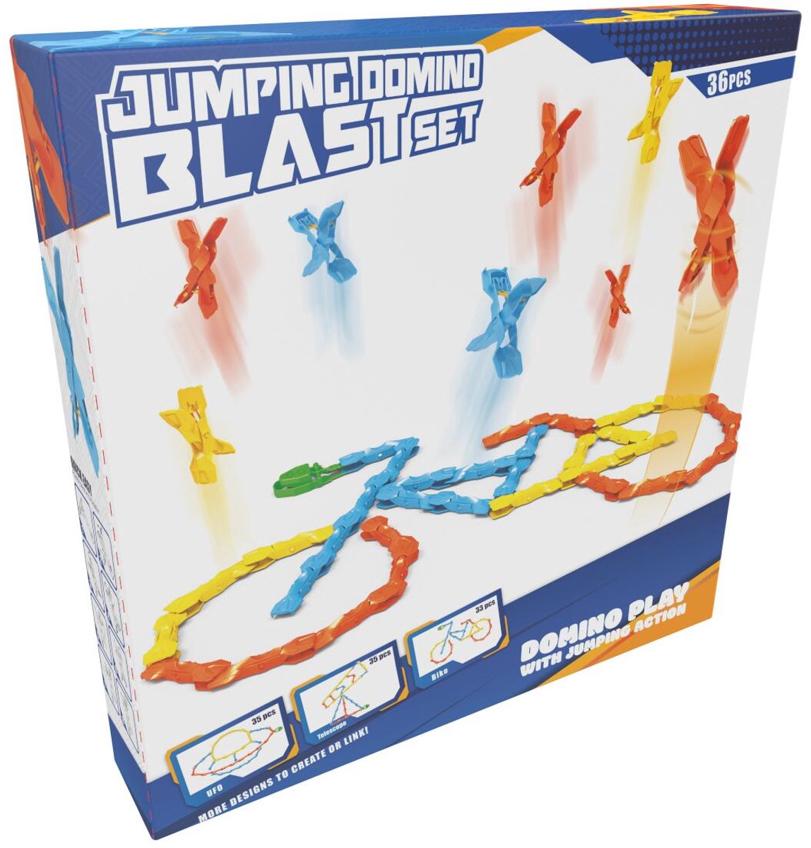 Eddy Toys Jumping Domino Blast Set 36 Teile – Dominospiel Kinder mit Pop-Up-Effekt – Jumping Domino Set mit Action – Domino Stunt Set Interaktive Dominobahn – Bunter Bauspaß
