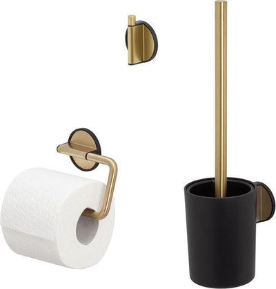 Tiger Tune - Toilettenzubehörset - Toilettenbürste mit Halter - Toilettenpapierhalter ohne Klappe - Handtuchhaken - Gold gebürstet schwarz
