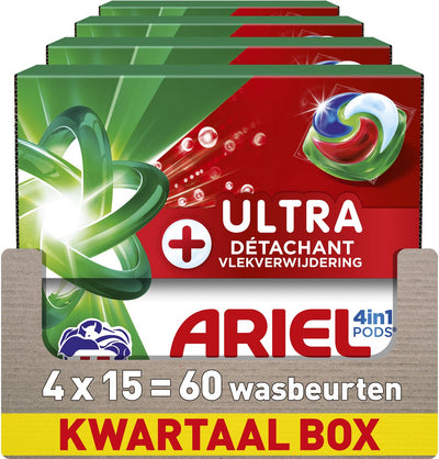 Ariel 4in1 Waschmittelkapseln + Ultra-Fleckenentfernung – 4 x 15 Wäschen