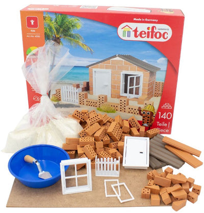 Teifoc® Bausatz – Strandhaus – 140 Teile – echte Mini-Steine mit Zement, Schüssel und Kelle – Bausatz für Kinder ab 6 Jahren
