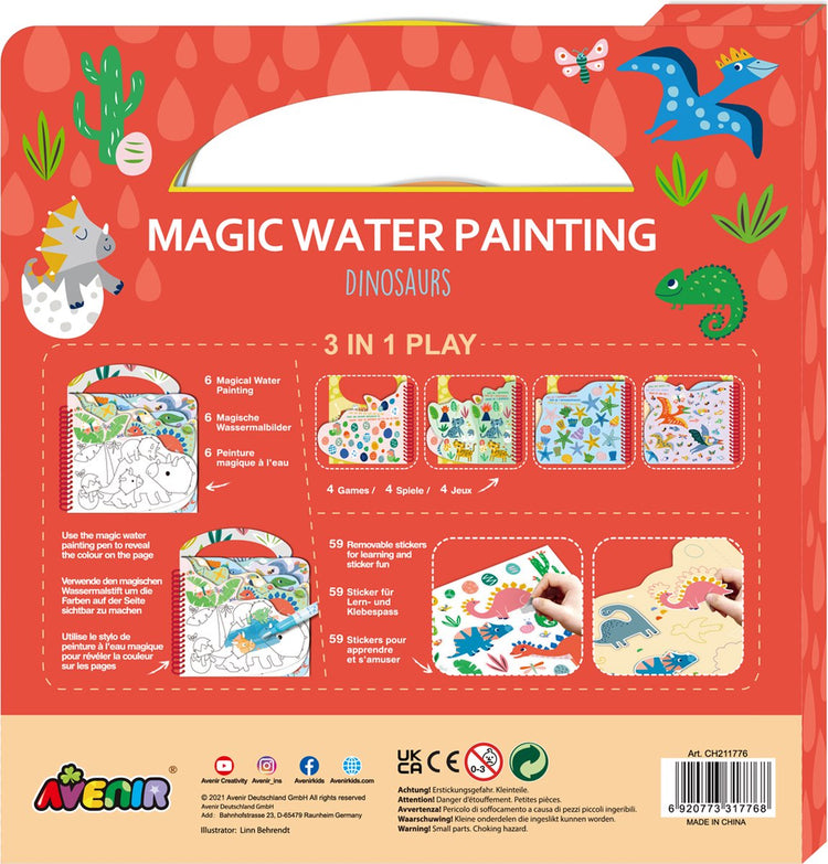 Avenir magisches Wassergemälde: Buch Dinosaurier 21,7 x 2 x 22,7 cm, 6 wiederverwendbare Seiten mit 3-in-1-Spiel, 3+