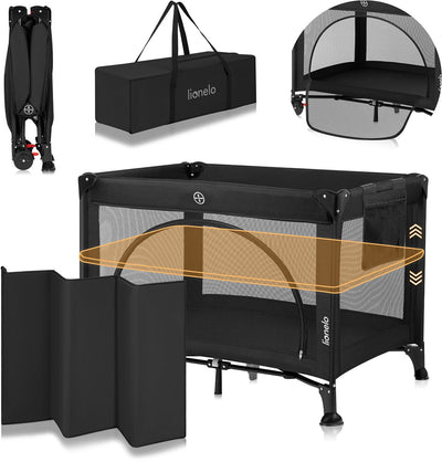 Lionelo Laura – kompaktes 3-in-1-Campingbett, Laufstall-Babybett – leicht – 2 Höhen – Räder mit Bremsen – Mesh-Seitenwände, Kleinkind-Eingang – inklusive Tragetasche, Aufbewahrungstasche – Reisebett